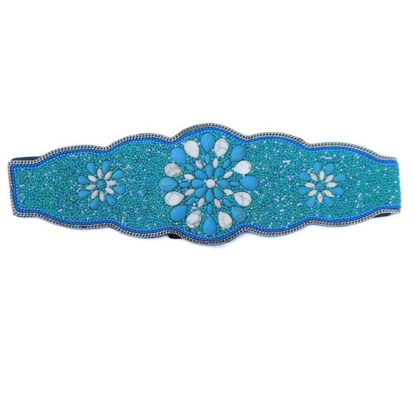 Turquoise Elastic Belt - Etsy Beaded Belt Turquoise Blue Wide Elastic Back with Four Snap Closure Comfort